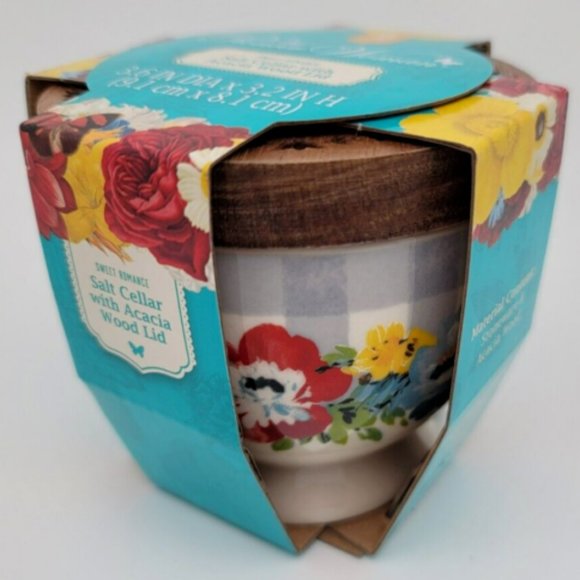 Pioneer Woman Salt Cellar Sweet Romance Stoneware Wood Floral Lid 3.5in x 3.2 in - Picture 1 of 2